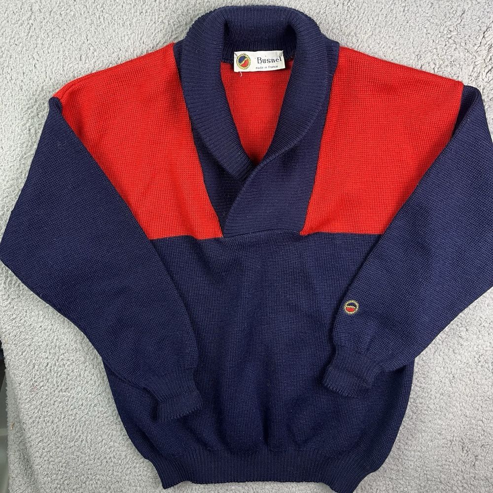 Vintage BUSNEL Sweater 100% Wool Red Blue Pullover Sweatshirt Made in France‎